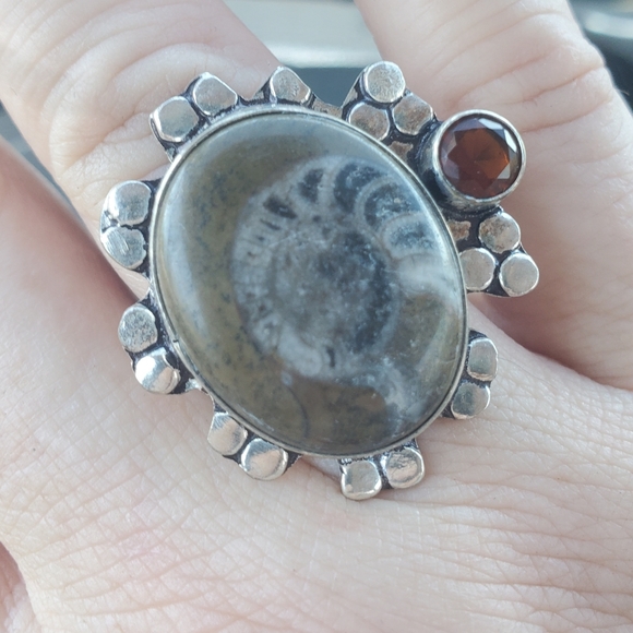 New Ammonite Fossil and Garnet 925 Silver Ring. - Picture 7 of 15